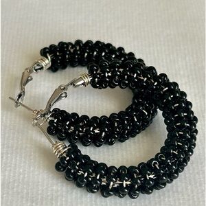 Earring, black miyuki beads